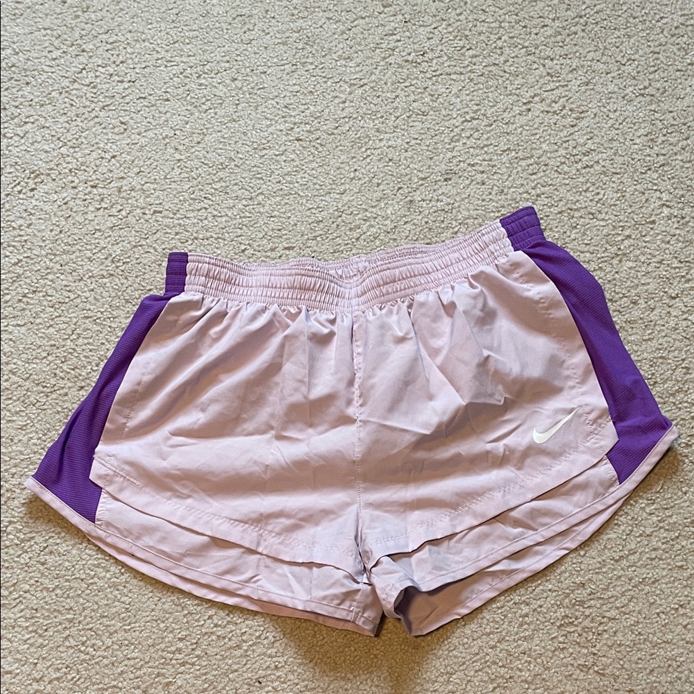 Nike Women's Pink Running Shorts with Purple Panels